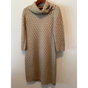 Calvin Klein Sweater Dress Beige Tan Buckled Cowl Neck Knit Long Sleeve Medium